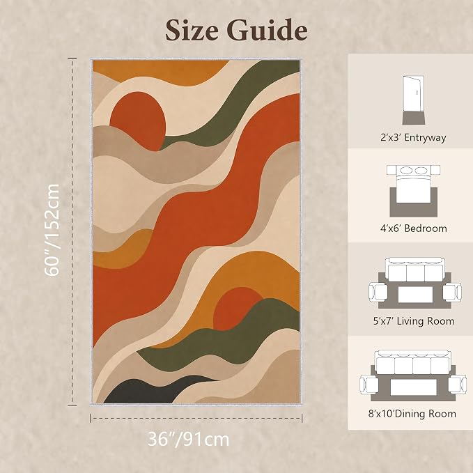 Burnt Orange Abstract Area Rug 3x5, Mid Century Modern Wave Rug, Retro Wavy Geometric Washable Low Pile Non Slip Rug for Living Room Bedroom