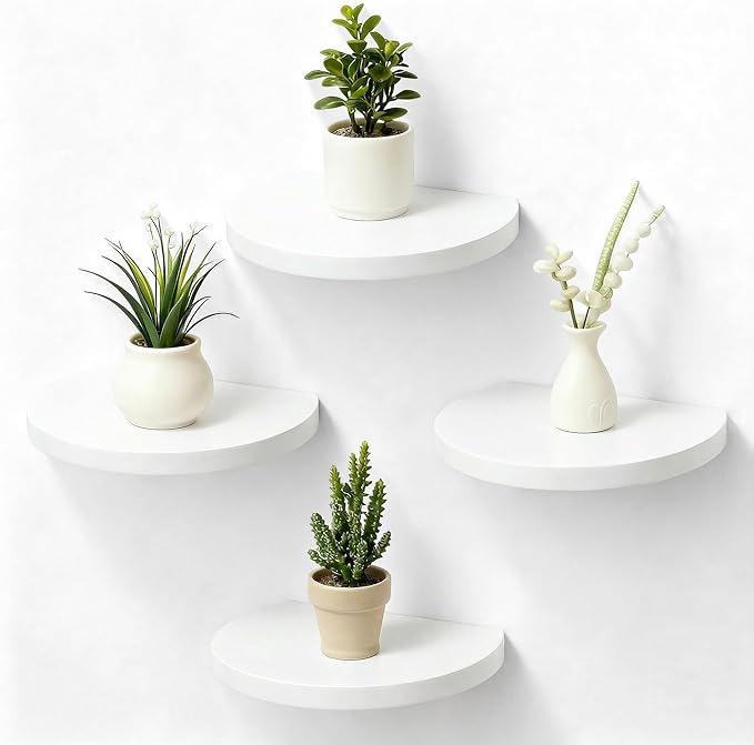 Small Wood Floating Shelves (4-Pack, 8-inch Diameter) - Round Sturdy Invisible Wall Mount Display for Small Plants,Toys,Bathroom,Living Room Storage & Modern Rustic Décor (White)