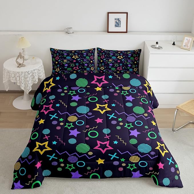 Manfei Memphis Comforter Set Twin Size, Colorful Geometric Vintage Style Quilt Set with 1 Pillowcase, 80s 90s Fashion Style Bedding Set 2pcs for Kids Boys Girls Lightweight Duvet Insert
