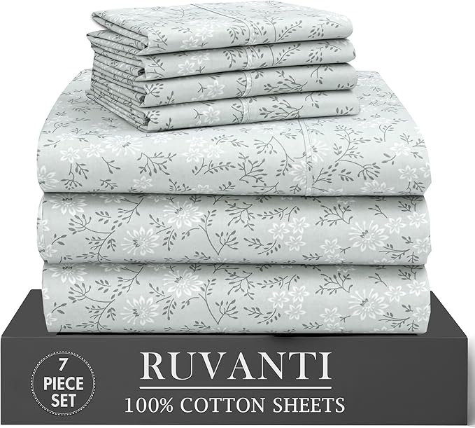 RUVANTI 100% Cotton Percale Sheets Split King Size 7 Piece Set, Cooling Bed Sheets for Hot Sleepers, Deep Pocket 16”, Breathable Lightweight & Durable, Crisp Hotel Style Sheets, Everbloom Studio