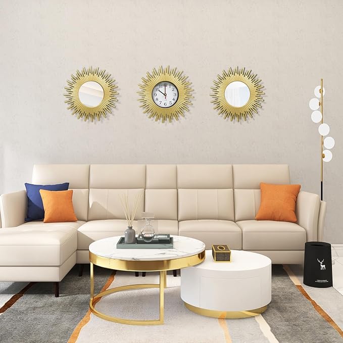 3 Pcs Gold Retro Sunburst Wall Decor Set, 9.8 Inch Round Clock & Mirror Wall Art, Vintage Sunburst Style Decor for Living Room Bedroom Bathroom, Lightweight & Easy to Install
