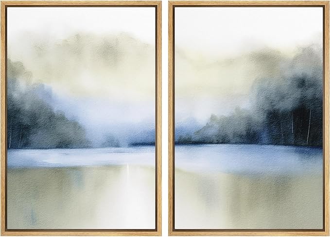 IDEA4WALL Framed Canvas Print Wall Art Set Serene Blue Lake Watercolor Landscape Illustrations Modern Art Decorative Coastal Cottage Seascape for Bedroom - 16"x24"x2 Natural