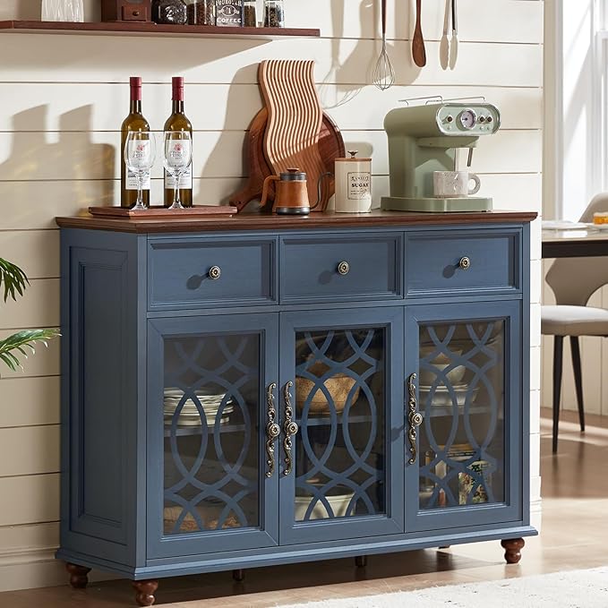 Farmhouse Sideboard Buffet Cabinet Set of 2 with Storage,48" Large Credenza with 3 Glass Doors & 3 Drawers,Adjustable Shelves Console Table,Wood Kitchen Coffee Bar for Dining Room,Navy Blue