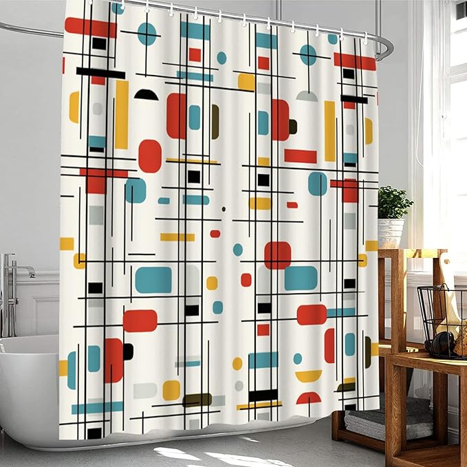 4 Pcs Retro Geometric Block Bathroom Set: Shower Curtain, Bath Mat, Toilet Lid Cover & Rug - Colorful Grid Pattern with Hooks for Mid-Century Modern Decor