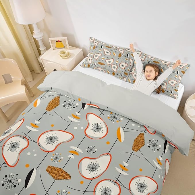 Erosebridal Grey Old Fashion Duvet Cover Twin Abstract Atomic Bedding Set, Brown Red White Aestheitc Comforter Cover Boho Mid Century Bed Set, Minimalism Lines Bedding 2 Pieces (Zipper Closure)