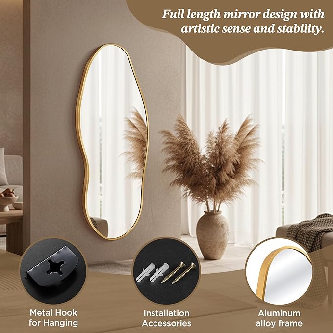 Mirror Full Length - Irregular Full Body Wall Mirror Hanging 55"x 23" Asymmetrical Aviation Aluminum Alloy Frame Unique for Bedroom, Living Room, Cloakroom, Entryway