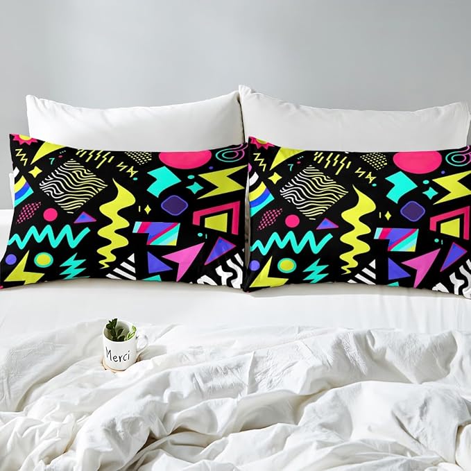 80s 90s Bedding Set Memphis Pattern Old Fashioned Comforter Cover King,Geometric Abstract Colorful Dots Funky Duvet Cover Retro Bed Set,Multicolor Cute Vintage Rainbow 80'S Style 1980S Home Decor