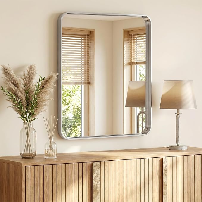 NEWBULIG 30X36 Inch Bathroom Mirror for Over Sink, Wall Vanity Mirrors Tempered Glass, Anti-Rust Metal Framed Rounded Rectangle, Hangs Horizontally or Vertically, Farmhouse Home Decor, Silvery