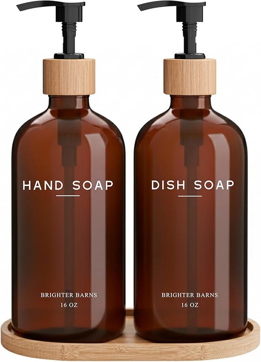 Amber Glass Hand and Dish Soap Dispenser Set by Brighter Barns - Kitchen Soap Dispenser Set with Tray - Bamboo Pump Bottles for Kitchen Sink - Modern Home Decor, Neutral Decor for Airbnb, Gift (Amber)