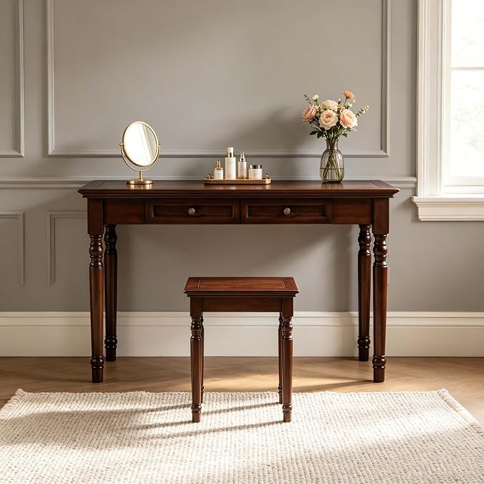 47" Narrow Solid Wood Writing Desk with Drawers, Walnut French Country Style Computer Desk for Home Office, Living Room or Study