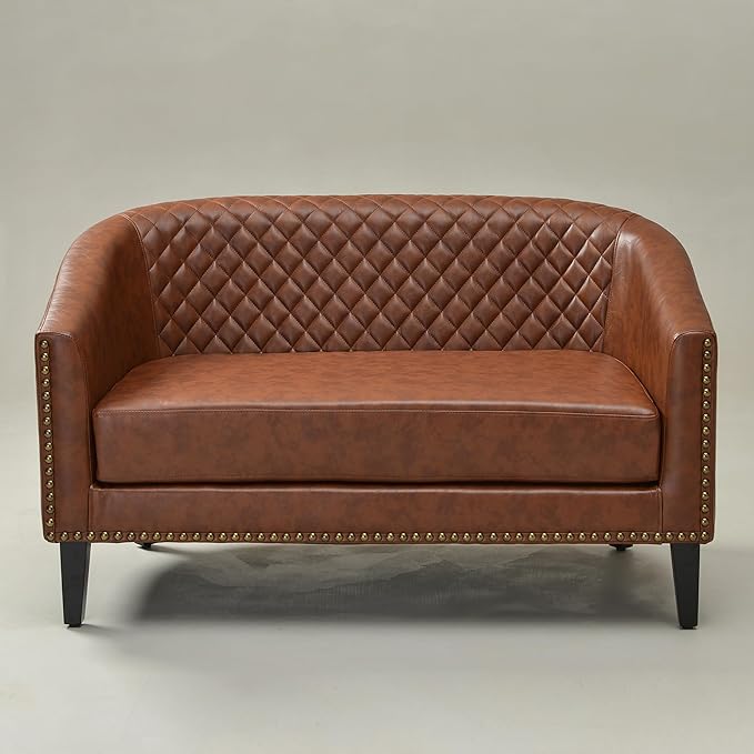 KINWELL 50" Faux Leather Loveseat Sofa with 2 Swivel Barrel Chairs, Brown | for Small Spaces