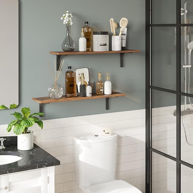 DINZI LVJ Long Wall Shelves, 31.5 Inch Wall Mounted Shelves Set of 2, Easy-to-Install, Wall Storage Ledges with Sturdy Metal Brackets for Living Room, Bathroom, Bedroom, Kitchen, Rustic Brown | Easy-to-Install