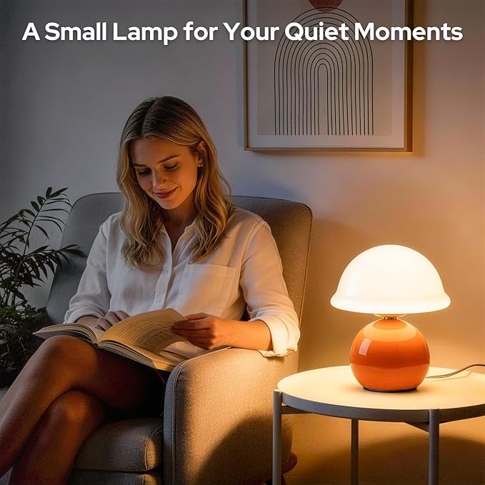 Mushroom Table Lamp for Bedroom, Cozy Bedside Lamp with Glass Shade, Stepless Dimmable Nightstand Lamp for Relaxing Bedroom Decor & Aesthetic Home (Orange)