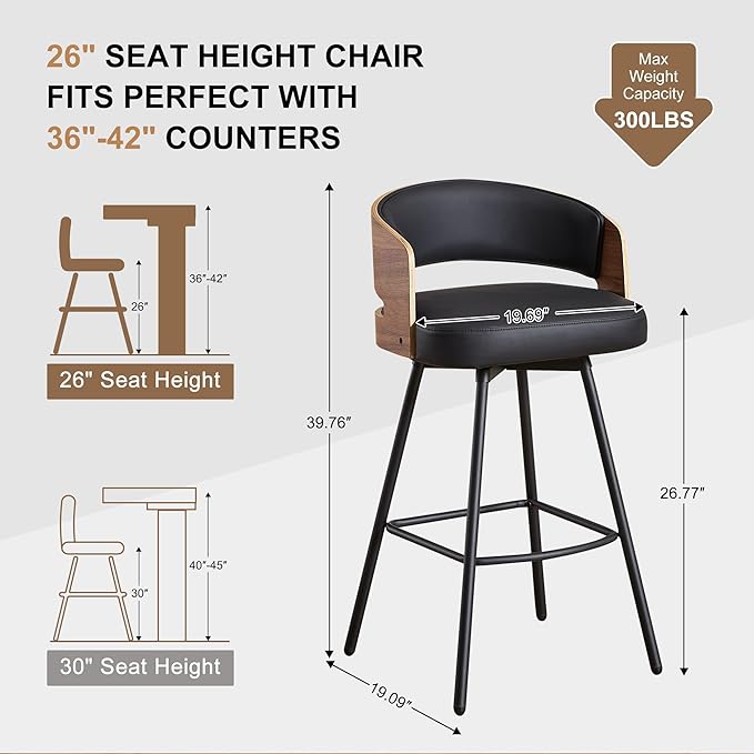 Swivel Bar Stools Set of 4, 26" Counter Height Bentwood Barstool, Upholstered Faux Leather Barstools with Walnut Back, Mid Century Modern Bar Chairs for Kitchen Island, Bar
