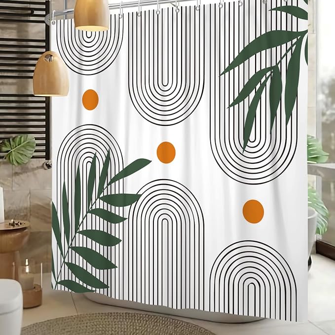Boho Mid Century Shower Curtain Bohemian Minimalist Geometric Arch Sun Bathroom Curtain Sage Green Plant Polyester Shower Curtain Sets for Bathroom Extra Long 72x78 in with 12 Hooks