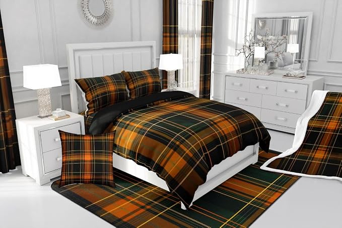 Erosebridal Orange Black Geometric Toddler Duvet Cover Grid Checkered Comforter Cover for Kids Teens Rustic Farmhouse Cabin Decor Bedding Set Retro Stripes Lines Bed Set with Zipper