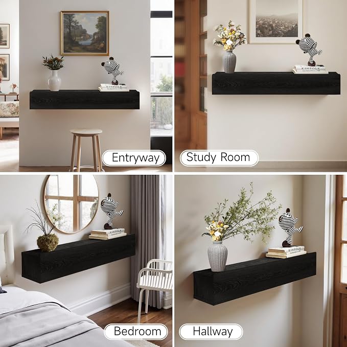 Floating Solid Wood Console Table, 47'' Wall Mounted Narrow Entryway Table with Storage Shelf, Modern Couch Shelves Small Entry Way Tables for Entryway, Front Hall, Hallway (Black)