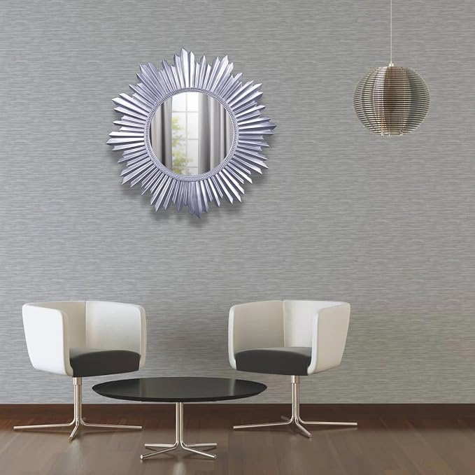 Armanda Collection Sunburst Round Wall Mirror Handmade Resin Frame Decorative Home Accent (Silver)