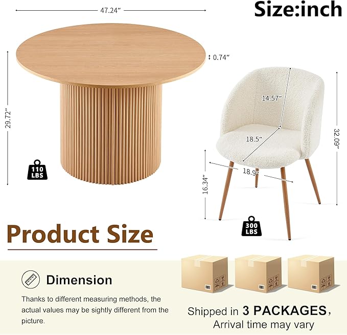 5 Piece Modern Round Dining Table and 4 Off White Barrel Kitchen Chairs Set, 47" Kitchen Table Wooden with Oak Veneer Tabletop, Faux Fur Sherpa Round Dining Chairs Table Set, Metal Frame