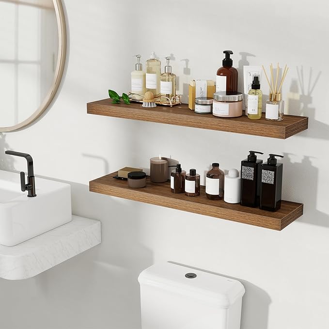 Fun Memories Rustic Wood Floating Shelves for Wall, Space-Saving Wall Mounted Shelves for Bathroom, Bedroom, Living Room and Kitchen, Stylish Storage & Display (Set of 2, Walnut, 32 in)