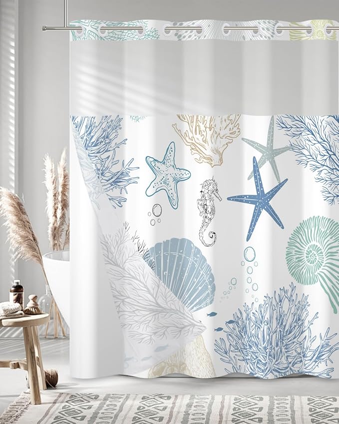 No Hook Shower Curtain with Snap in Liner Set - Sea Seashells, Starfish & Coral Print Shower Curtains for Coastal Nautical Ocean Bathroom, Waterproof Bath Curtain with Mesh Top, 71x74 Inch