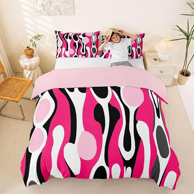 Erosebridal Organic Geometric Duvet Cover Set Modern Abstract Full Size Bedding Sets for Teen Boys Retro Mid Century Comforter Cover Modern Fluid Art Irregular Circles Bed Set,Fuchsia Pink