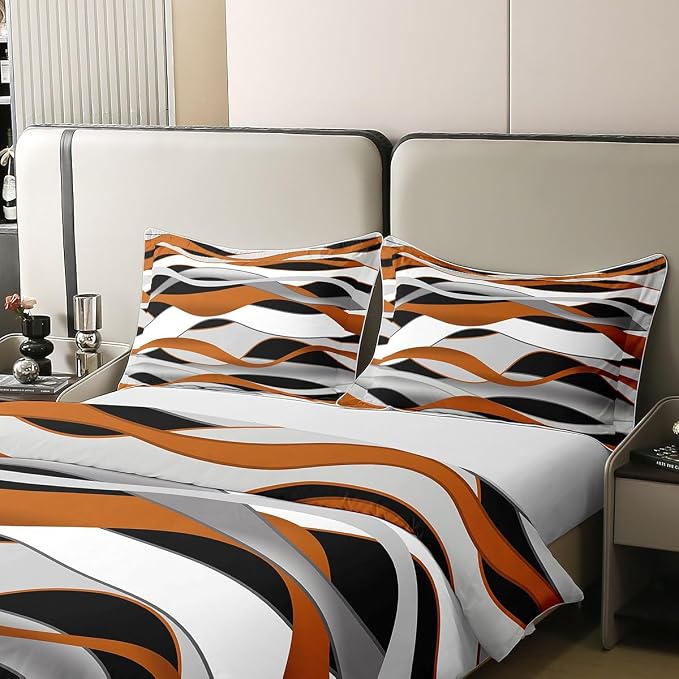 Erosebridal Orange Grey Black Bedding Set Full Wave Stripe Print 100% Cotton Duvet Cover Geometric Spiral Pattern Comforter Cover for Kids Teens Adults Abstract Art Bed Set 3 Pcs