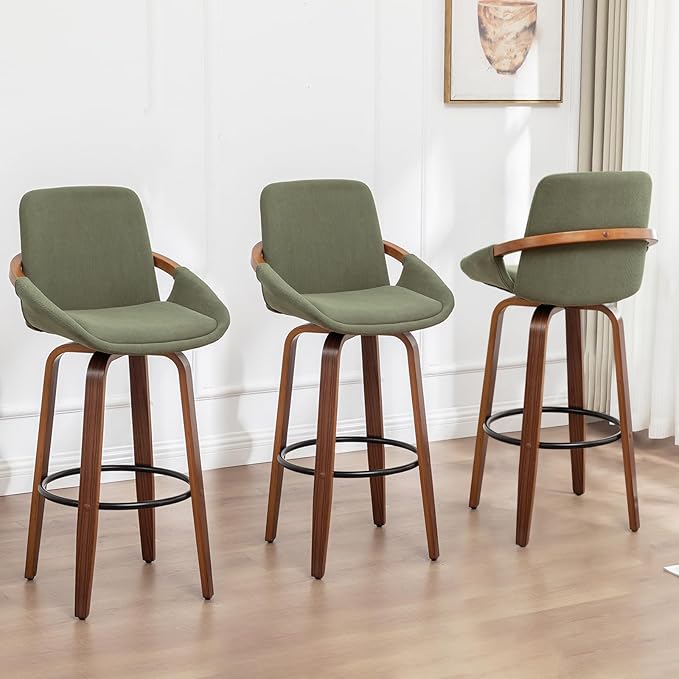 LUNLING 29.5" Bar Height Barstools Set of 3,Mid Century Modern Retro Bar Chairs Green Modern Corduroy Fabric Upholstered and Walnut Wood Frame for Home Bar Furniture(Green)