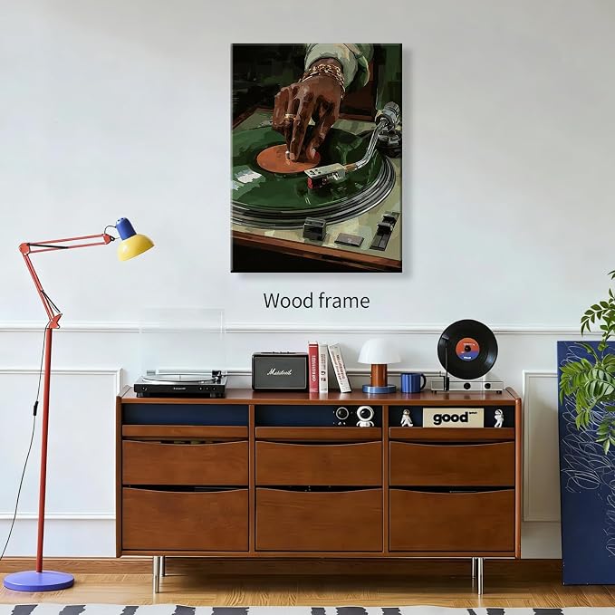 Music Vinyl Record Wall Art Modern African Black Woman Poster Retro Oil Painting Canvas Prints for Living Room Bedroom Dorm Wall Decor 016X20 inch Wood Framed