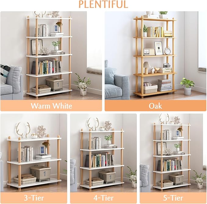 IOTXY 5-Tier Wooden Shelf Bookcase - Modern Open Bookshelf, Free Standing Storage Rack, Multifunctional Display Stand for Home and Office, Oak, Rectangle