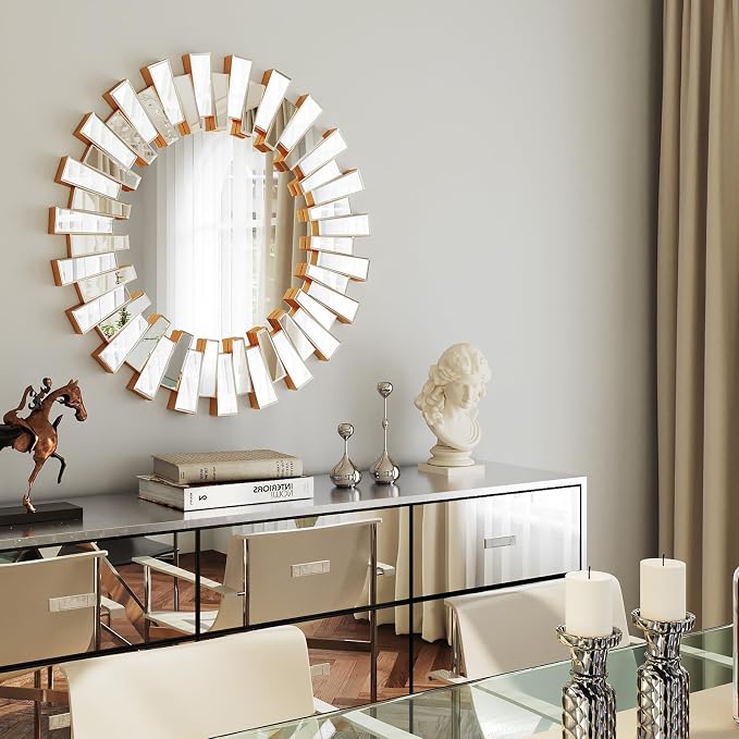 Gold Sunburst Mirror for Wall Decor, 26" Starburst Mirror with Beveled Glass Frame, Modern Accent for Living Room, Hallway, Bedroom,Entryway