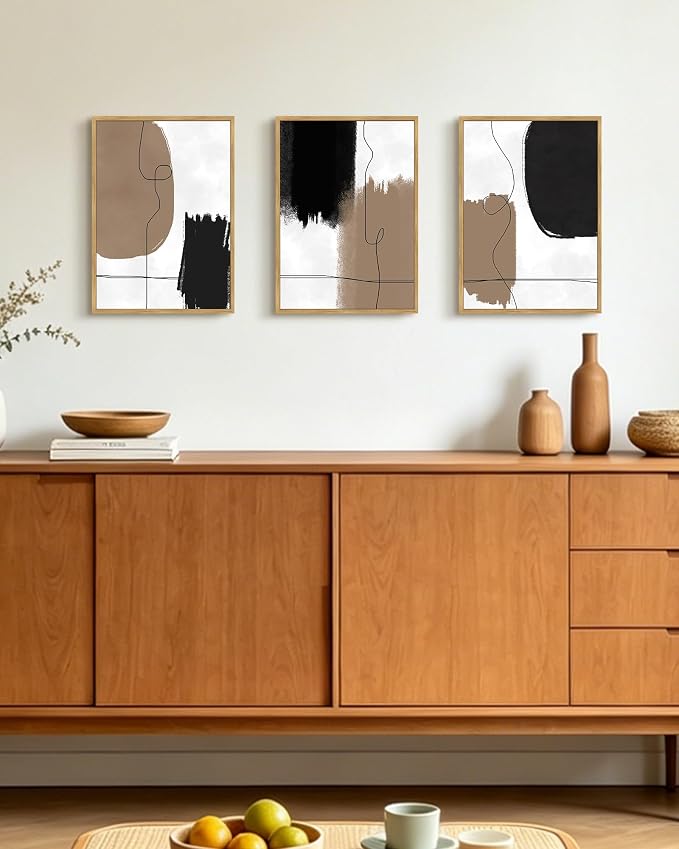 KUVIOKE Neutral Abstract Framed Wall Art Beige Mid Century Textured Wall Decor Minimalist Line Modern Illustrations Art Print Home Decor 12x16in (Natural Framed)