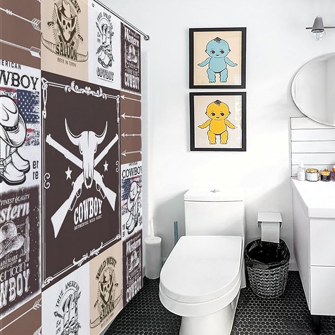 Vintage Cowboy Western Country Shower Curtain,Bull Head Boots Arrow Patchwork Design Waterproof Shower Curtains for Bathroom Decor 12 Pack Hooks 66x72in（168x183cm）
