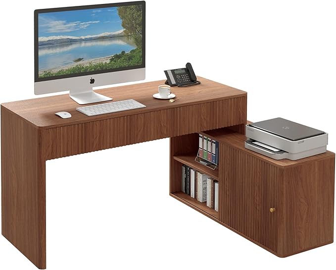 Modern Computer PC Desk Table with Storage, Corner L Shaped Desk with Drawers, Home Office Desk for Bedroom and Small Space, for Writing, Executive, Study, Work, Vanity - Walnut
