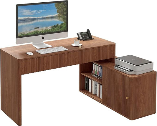 Modern Computer PC Desk Table with Storage, Corner L Shaped Desk with Drawers, Home Office Desk for Bedroom and Small Space, for Writing, Executive, Study, Work, Vanity - Walnut