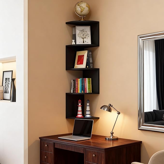 No-Drill Corner Shelf Wall Mount, 5-Tier Floating Corner Bookshelf with Hooks, Space-Saving Zigzag Plant Shelf for Bedroom, Living Room, Bathroom, Home Office（Black）