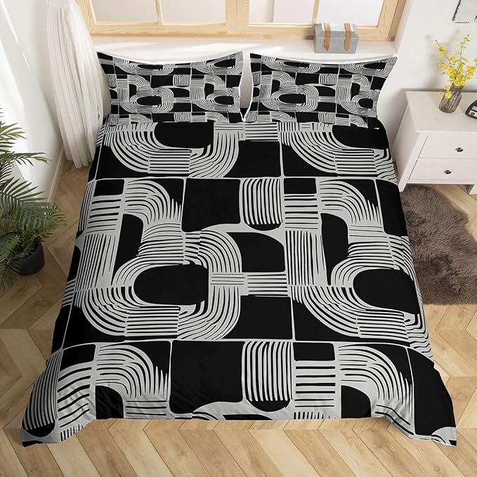 Erosebridal Mid Century Abstract Teens Duvet Cover Bohemian Geometric Bedding Set King Size Modern Aesthetics Striped Comforter Cover for Kids Boys Adult Bedroom Boho Minimalist Stripes Bed Sets