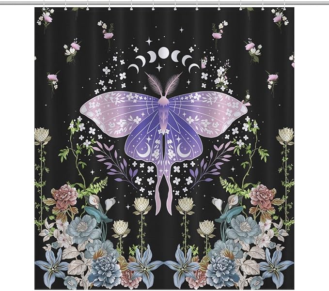 Floral Moth Moon Shower Curtain, Nature Aesthetic Flower Phase of The Moon Artistic Design Waterproof Shower Curtains for Bathroom Decor 12 Pack Hooks 66x72in（168x183cm）