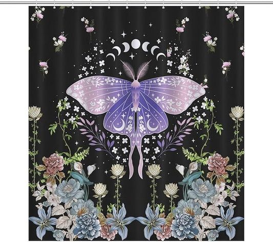 Floral Moth Moon Shower Curtain, Nature Aesthetic Flower Phase of The Moon Artistic Design Waterproof Shower Curtains for Bathroom Decor 12 Pack Hooks 66x72in（168x183cm）