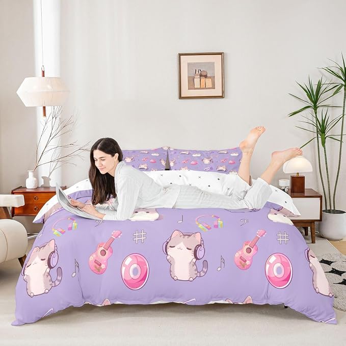 Erosebridal Cute Cat Duvet Cover Queen Purple Kitten Bedding Set Guitar Musical Notes Comforter Cover for Kids Girls Boys Adults Cartoon Pet Animals Bed Set