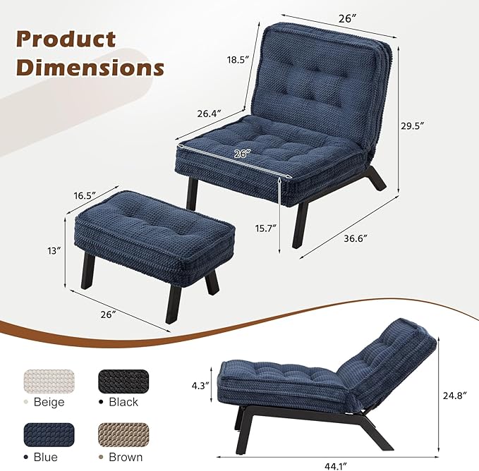 ANJ Accent Chair with Ottoman Adjustable Backrest, Blue Living Room Chair Tufted Upholstered Lounge Chair with Footrest Set, Modern Chair Cozy Reclining Chair for Reading Room Bedroom