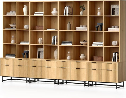 Fluted Tall Bookcase with Drawers Set of 4, 71" Tall Bookshelf Display Cabinet with Open Adjustable Shelf, Mid Century Farmhouse Book Shelf for Office Kitchen Living Room (Natural Oak)