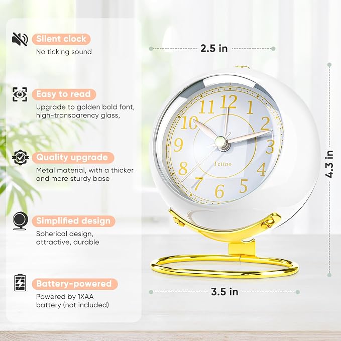 Analog Alarm Clocks,Retro Backlight Cute Simple design Small desk Clock With Night Light,Silent Non-Ticking,Battery Powered,For Kids,teens,Bedroom,travel,kitchen,Bedside Desk decor. (Bright White)