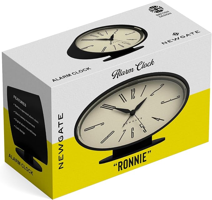 NEWGATE® Ronnie Alarm Clock | Oval Retro Design | Black Soft Rubberised Finish | Ideal for Bedside, Desk or Shelf | Modern, Retro mid-Century Bedroom & Office Accessory
