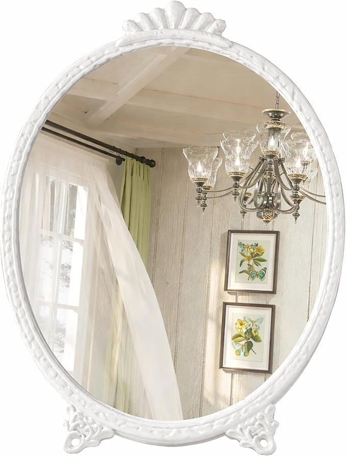 Gold Vintage Decor Vanity Mirror,Baroque Wall Art Retro Oval Mirror,Antique Wall Mirrors Decorative,Maximalist Decor Mirror for Desk Bedroom Bathroom Dresser Wall-Mounted,11.0" L x 7.9" W White