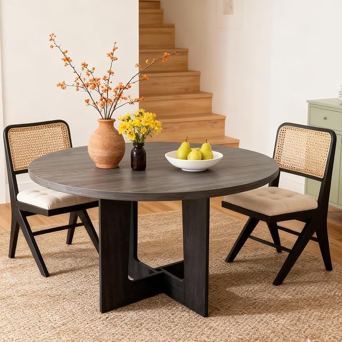 Round Dining Table for 4, 43.3" Kitchen Table for Dining Room, Circle Farmhouse Kitchen Table, Wood Dinner Table for Kitchen, Living Room, Apartment, Grey-Black