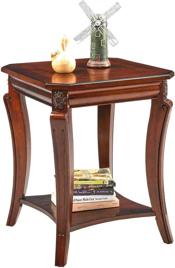 2-Set Solid Wood Side Table with Storage Shelf, 2-Tier Square End Tables Living Room, Traditional Style End Table, Vintage Beside Table with Curved Legs and Printed Tabletop, Cherry Walnut 1168WD