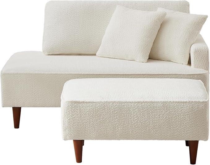 GDFStudio Upholstered Chaise Lounge Chair Indoor with Ottoman, Boucle Fabric Chaise Chair with 2 Throw Pillows and Solid Wood Legs, Recliner Lounge Chair for Office Living Room Bedroom, White