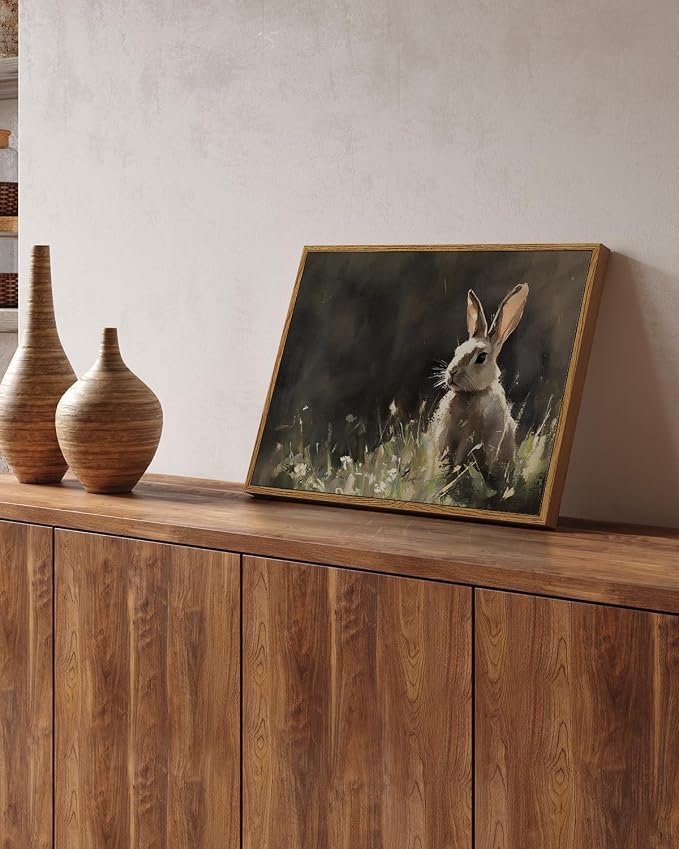 ARPEOTCY Vintage Framed Canvas Wall Art, Cute Bunny Wall Art for Living Room Bedroom, Rustic Moody Rabbit Spring Painting Pictures Home Decor for Easter Decoration (12x16 Inch)