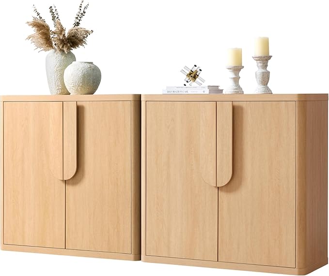 69'' Sideboard Buffet Cabinet W/Storage, Modern Accent Cabinets W/Curved Handles & Adjustable Shelves, 4 Doors Coffee Bar Buffet Table Credenza for Living Room Kitchen Hallway, Natural Oak